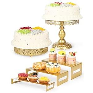 ZUMELER 5pcs Cake Stand, Gold Metal Cupcake Cake Pop Stand Holder Set for Dessert Table Cupcake Risers Stands with Handle Round Cake Pedestal Stand Display for Wedding, Birthday, Baby Shower, Party