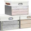 Fabric Clear Window Storage Bins with Lid, Closet Storage Box Linen Closet Baskets with 3 Handles for Organizing Clothing, Jeans, Shelves 15''- 3 Pack (Gray and White)