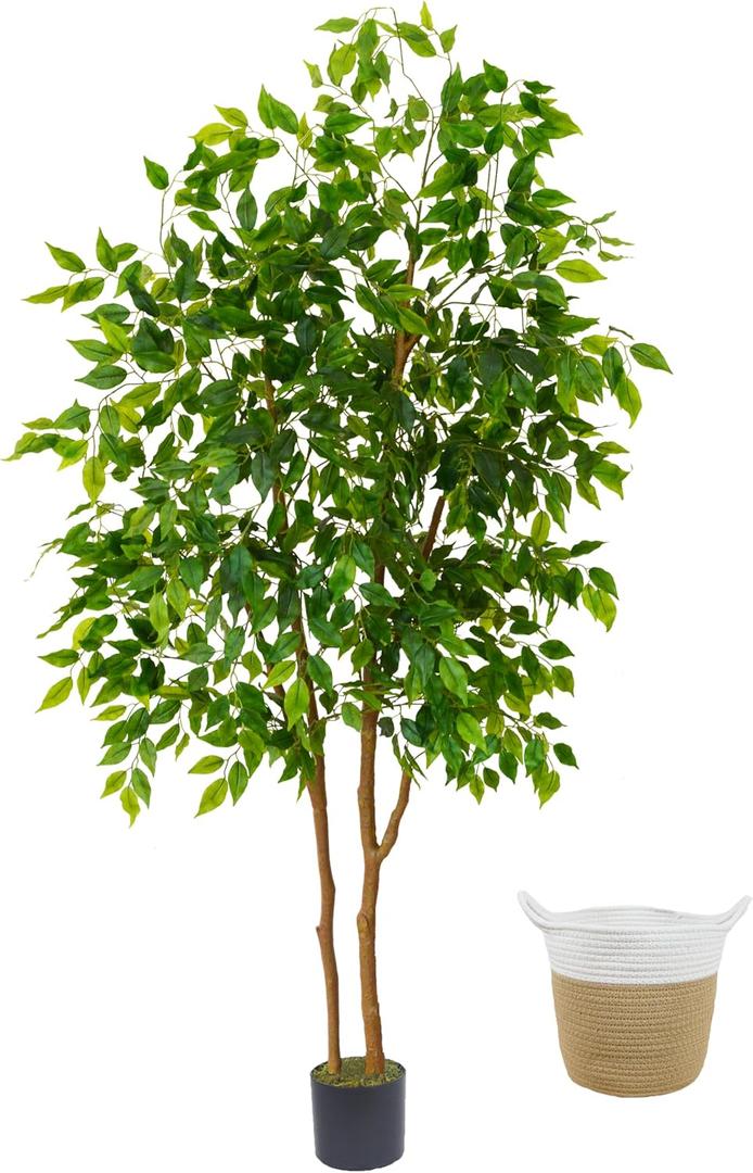 Warmplants Artificial Ficus Tree, 6ft Tall Fake Ficus Tree with Basket, Faux Plant for Indoor Outdoor Home Livingroom Office Garden Porch Dcor