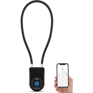 Fingerprint Cable Lock, Anweller 14" Long Shackle Small Padlock, Keyless Entry Biometric Bluetooth Smart Waterproof Combination Pad Lock for Gate Outdoor Fence Fridge Cabinet Locker Pool Bike - Black (Back)