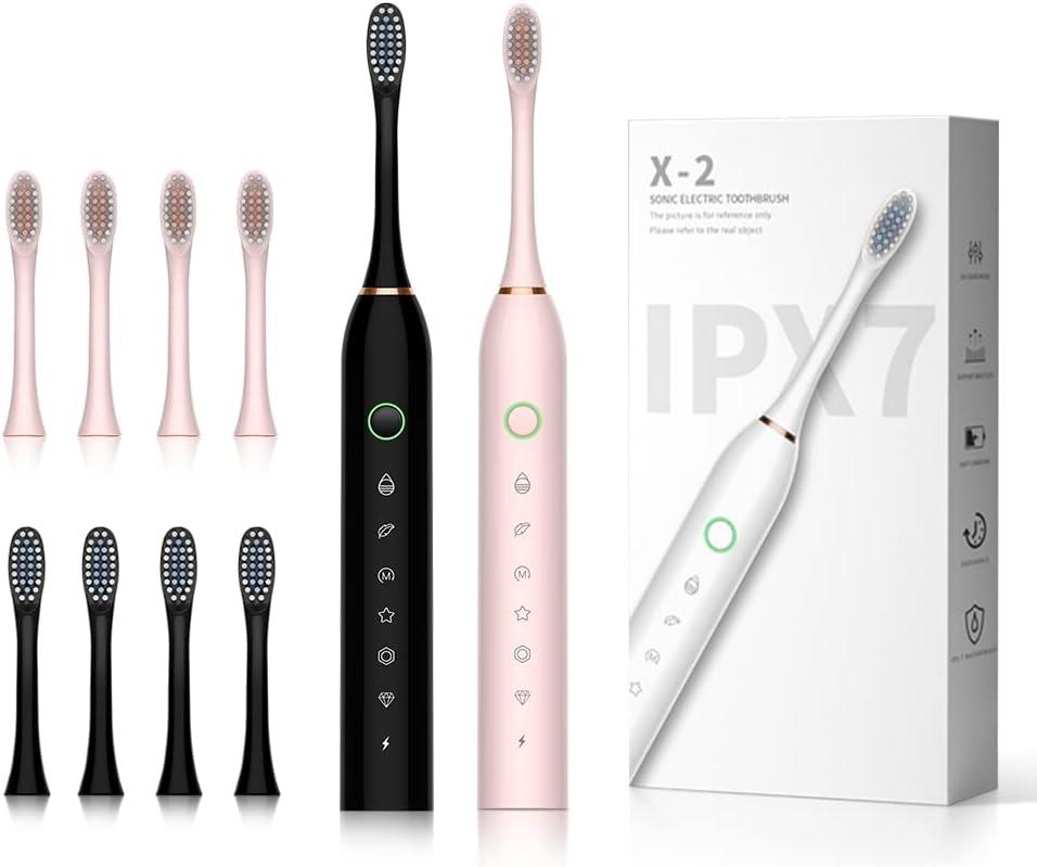 SUNPRO 2 Pack Rechargeable Sonic Electric Toothbrush for Adults, 6 Modes for Deep Cleaning, Include Smart Timer and 8 Soft Brush Heads (Black+Pink)