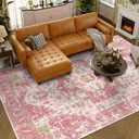 Vintage Area Rugs Living Room Boho Washable Hop Pink Green 5x7 Neutral Modern Non Slip Carpet for Nursery Dining Room Bedroom Farmhouse