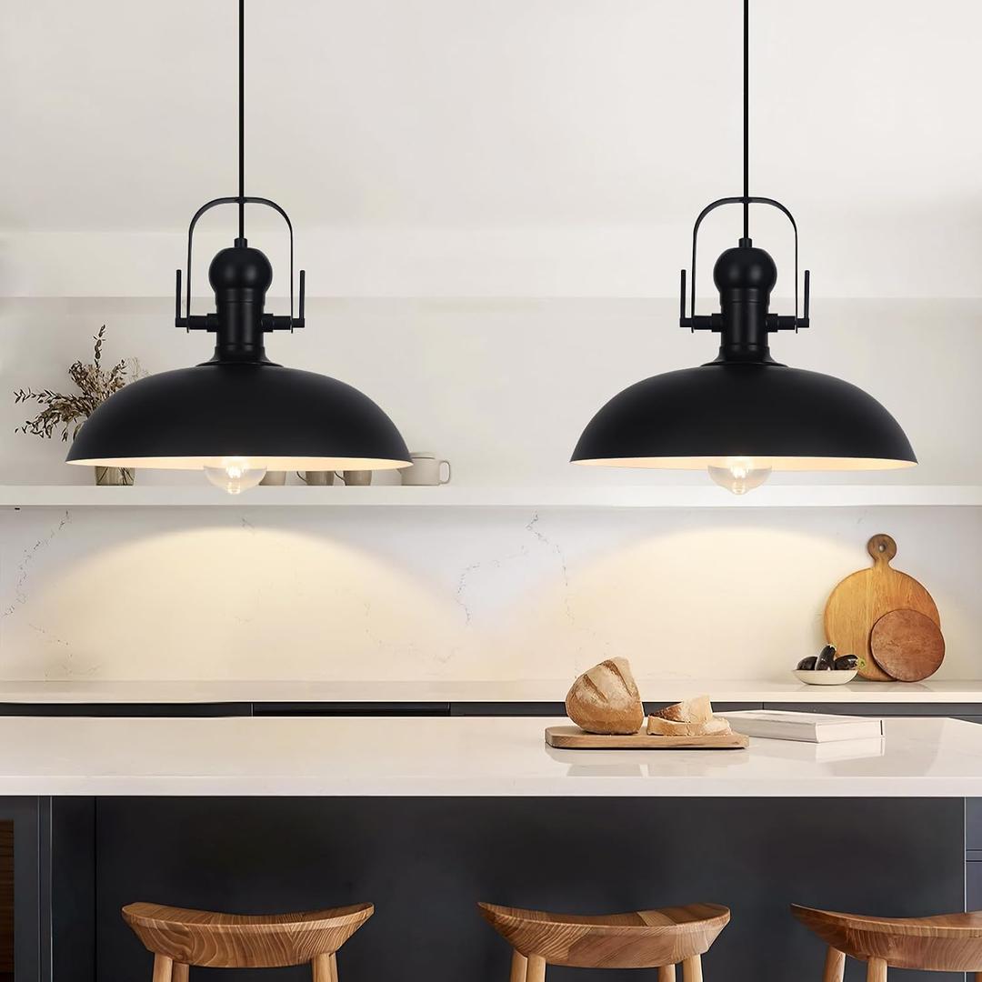 Black Pendant Lights Kitchen Island 2 Pack, Dome Pendant Light 13.8" W, Black Farmhouse Pendant Light for Kitchen Barn Hallway Porch Dining Room