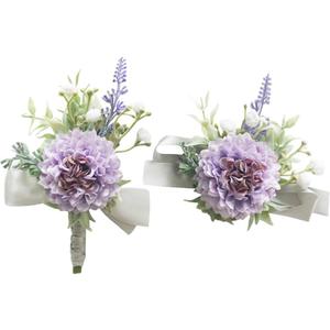 MAFELOE 2 Pieces Artificial Wrist Corsage and Boutonniere Set, Groom Groomsmen Bride Bridesmaids Wedding Flowers Accessories Prom Party Suit Decorations - Pale Purple