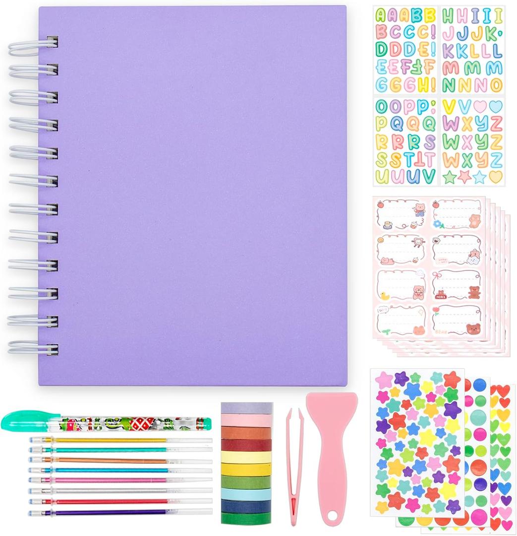 Kids Scrapbook Self Adhesive Photo Album 25 Pages Hard Cover DIY Photo Album for Instant Camera Print Paper with DIY Accessories (Purple)