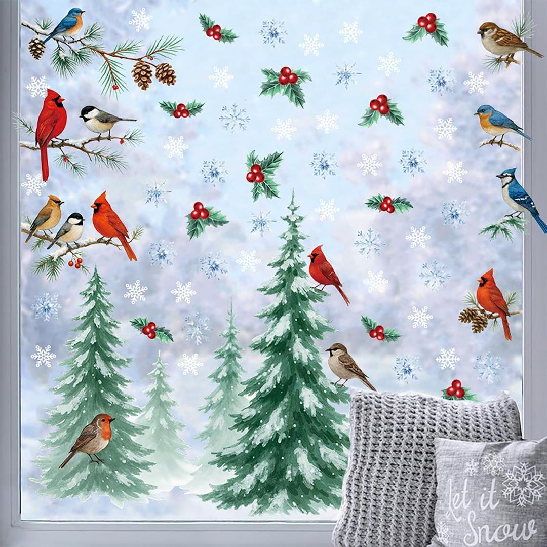 Christmas Window Clings 2 Sheets Xmas Tree Window Decals Adhesive Windows Stickers for Winter Party with Bird Mistletoe Pine Cone Snowflake Designs for Home Office Windows Glass Mirror Decor