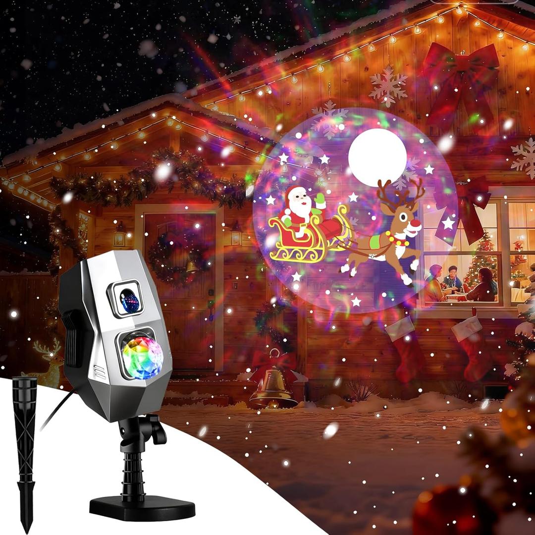 Christmas Projector Lights Outdoor Indoor, Halloween RGB Ocean Wave Projection Lamp with 6 Holiday Patterns for Christmas Halloween Birthday New Year with IP65 Waterproof and Auto Timer Rotating Head