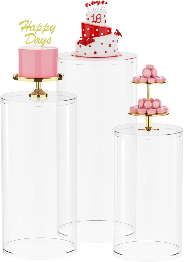 Wokceer Cylinder Pedestal Stands for Party 3Pcs Clear Round Cylinder Tables for Parties Pedestal Stand Display Plinth Pillars for Wedding Birthday Party Art Decor 35.4"",29.5"",23.6"" H