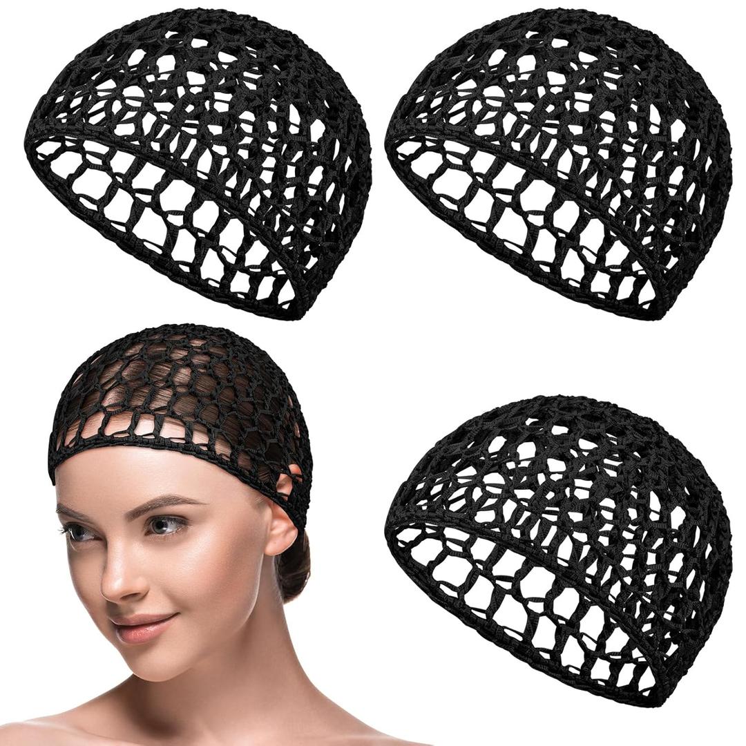 Suncalla 3 Pieces Hair Wrap Net for Sleeping Mesh Crochet Hair Net for Women Rayon Knit Snood Cap Cover Sleep Hat(Black)