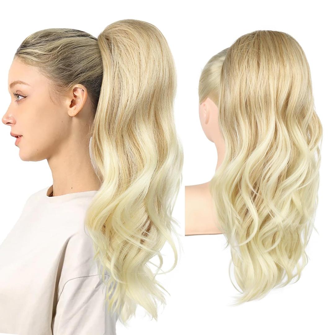REECHO Drawstring Ponytail Extension Long Wavy Layered Pony Tails Hair Extensions 22inch Natural Fake Ponytail Clip in Synthetic Hairpiece for Women, Blonde