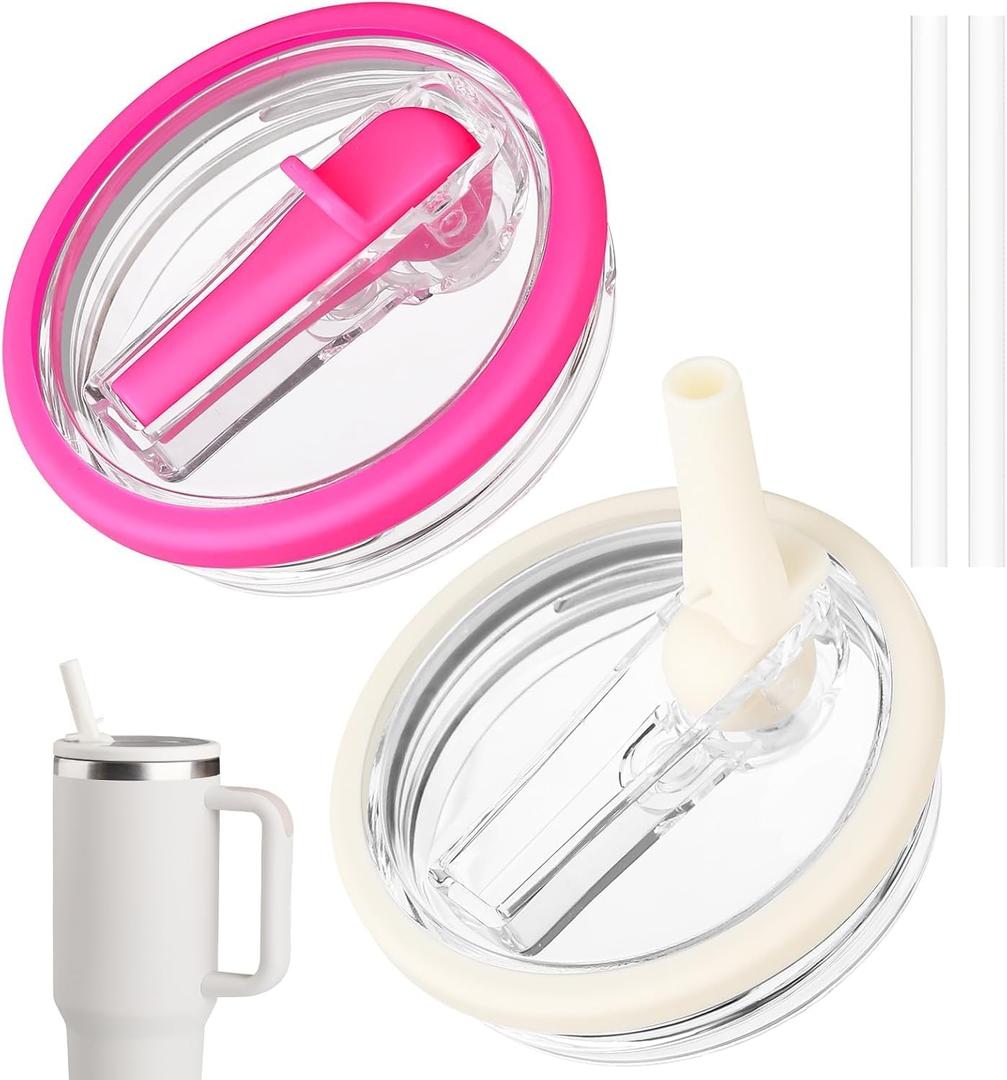 2 Pack 40 oz Tumbler Flip Straw Lid Replacement fit for Stanley Quencher, Spill Proof Tumbler Cover for Stanley Cup (white rose)