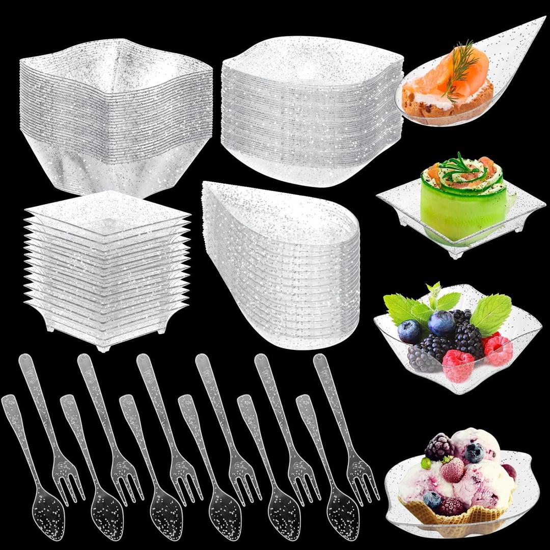 Tessco 200 Pcs Mini Appetizer Plates with Spoons Forks Disposable Mini Dessert Plates Plastic Appetizer Bowls Tiny Individual Serving Trays for Party(Silver Glitter,Classic)