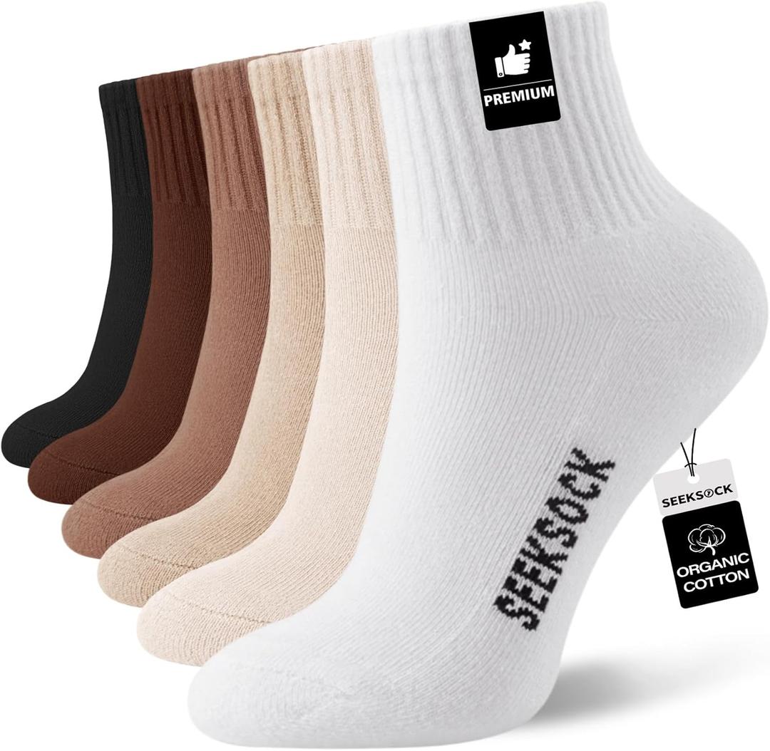 6 Pairs Ankle Socks for Women, Quarter Running Athletic Cushioned Cotton Mini Crew Socks, Coffee