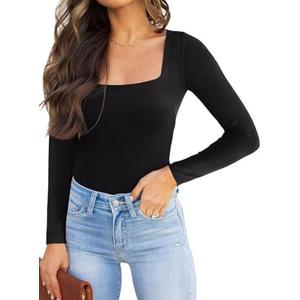 Women Basic Sexy Square Neck Double Lined Long Sleeve Bodysuit Tops Jumpsuits, Black, L