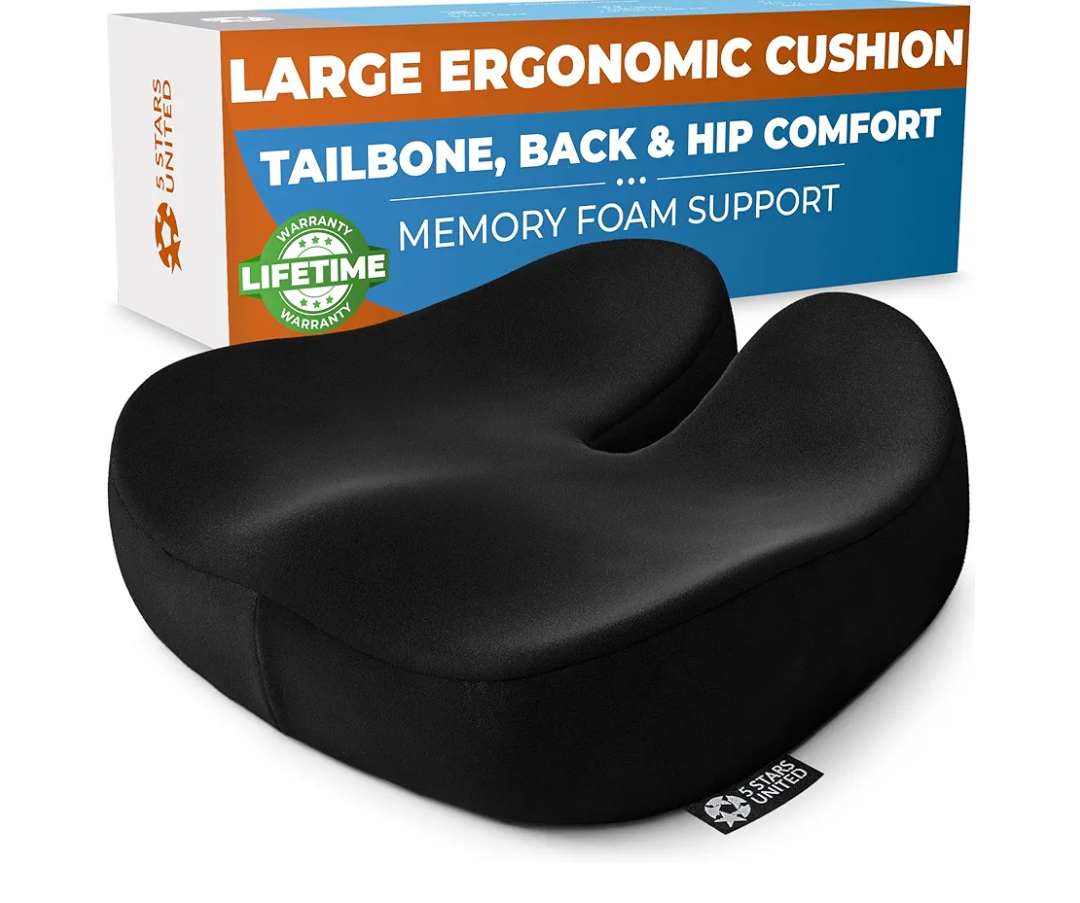 5 STARS UNITED Seat Cushion for Tailbone Pain Relief – Large Memory Foam Cushion for Coccyx, Hip, Sciatica & Post-Surgery Recovery – Wheelchair, Car, Desk, Gaming & Office Chairs, Black