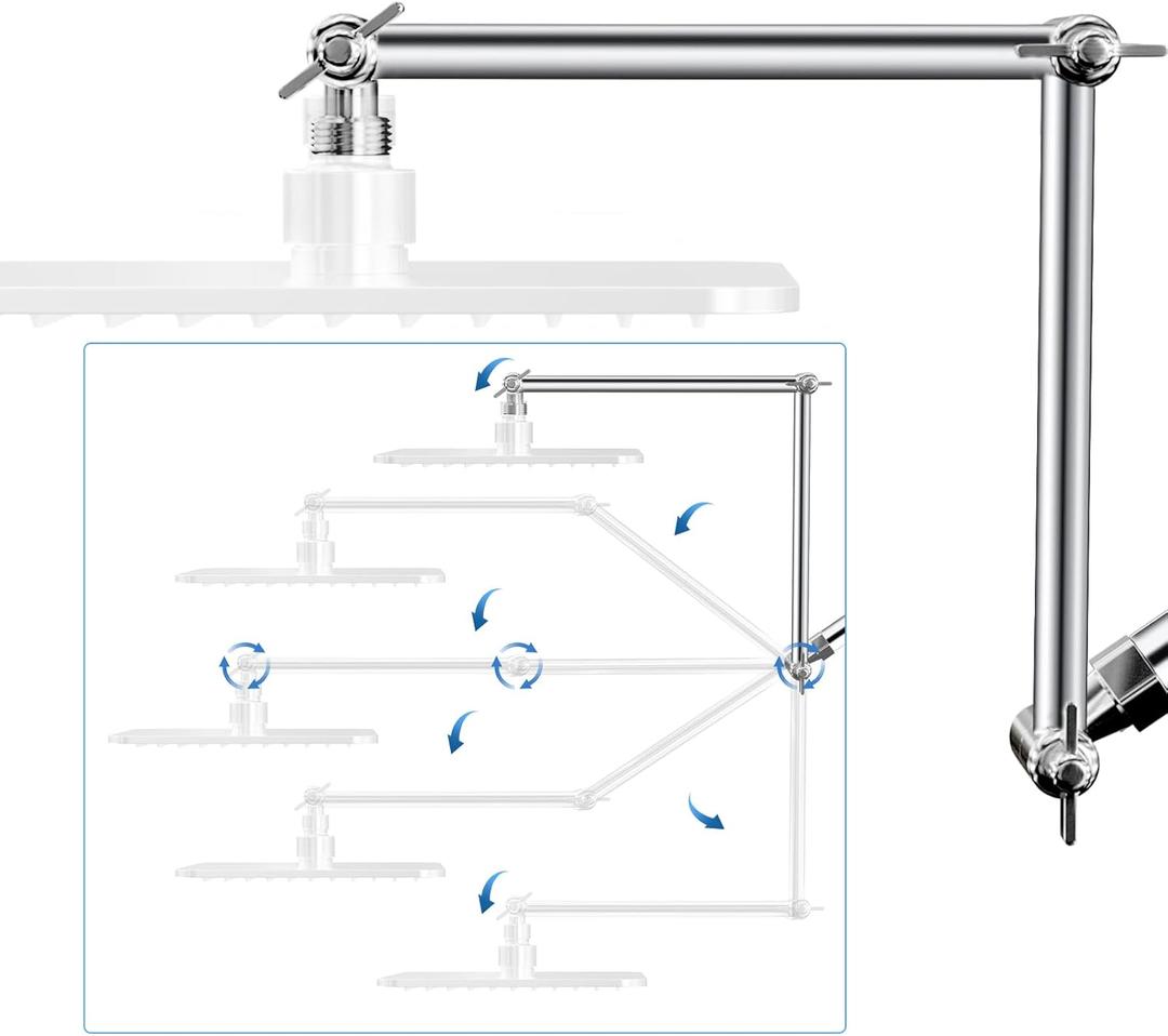 18'' Shower Head Extension Arm, Anti-Leak Adjustable Shower Arm Extender for Rain & Handheld Shower Head, Extended Shower Arm with G1/2 Universal Connector Compatible (Extend, Chrome)