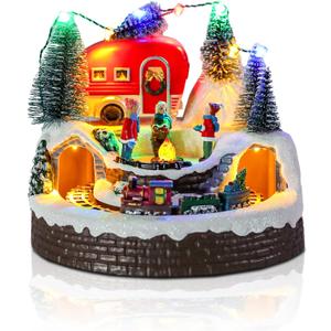 Christmas Village House Musical Christmas Collectible Buildings Camper Bonfire Train Rotation with LED Lights Vacation Village with USB Indoor Figurines Indoor Tabletop Decoration Xmas Decor (Camping)