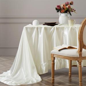 Vonty Ruffle Tablecloth White Satin Tablecloth - 60" x 102", Silky Table Cloth Rectangle Scalloped Table Cloth Farmhouse Tables Cover Silk Tablecloths Vintage Tables Skirt for Kitchen Dining