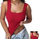 Women's Built-in Bra Tank Top Ribbed Slim Fit Wirefree Shelf Padded Tank Shirts Wide-Strap Square Neck, L
