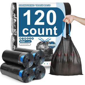 120 Count-4 Gallon Trash Bags Drawstring, Black Small Garbage Bags, JUKFITA Unscented Trash Can Liners, Strong Wastebasket Liner for Bathroom Toilet Office Bedroom