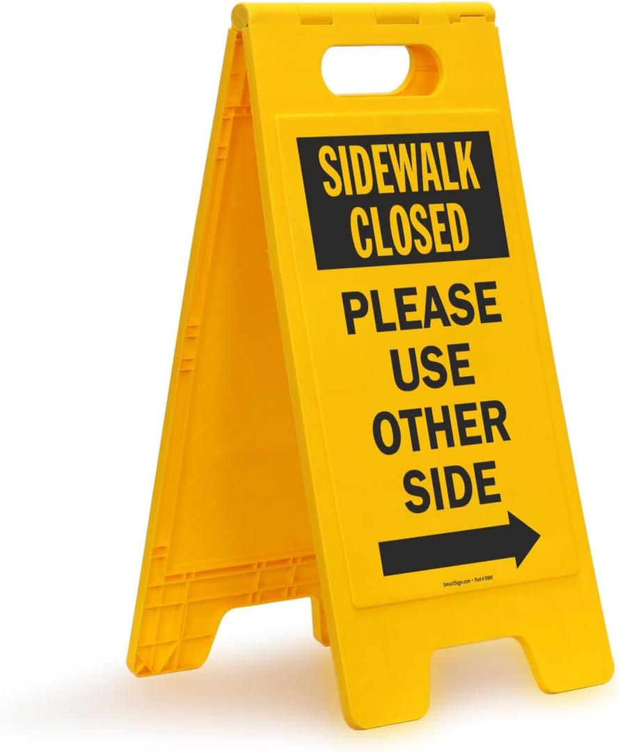 SmartSign 25 x 12 inch Sidewalk Closed - Please Use Other Side with Right Arrow Two-Sided Folding Floor Sign, Plastic, Black and Yellow