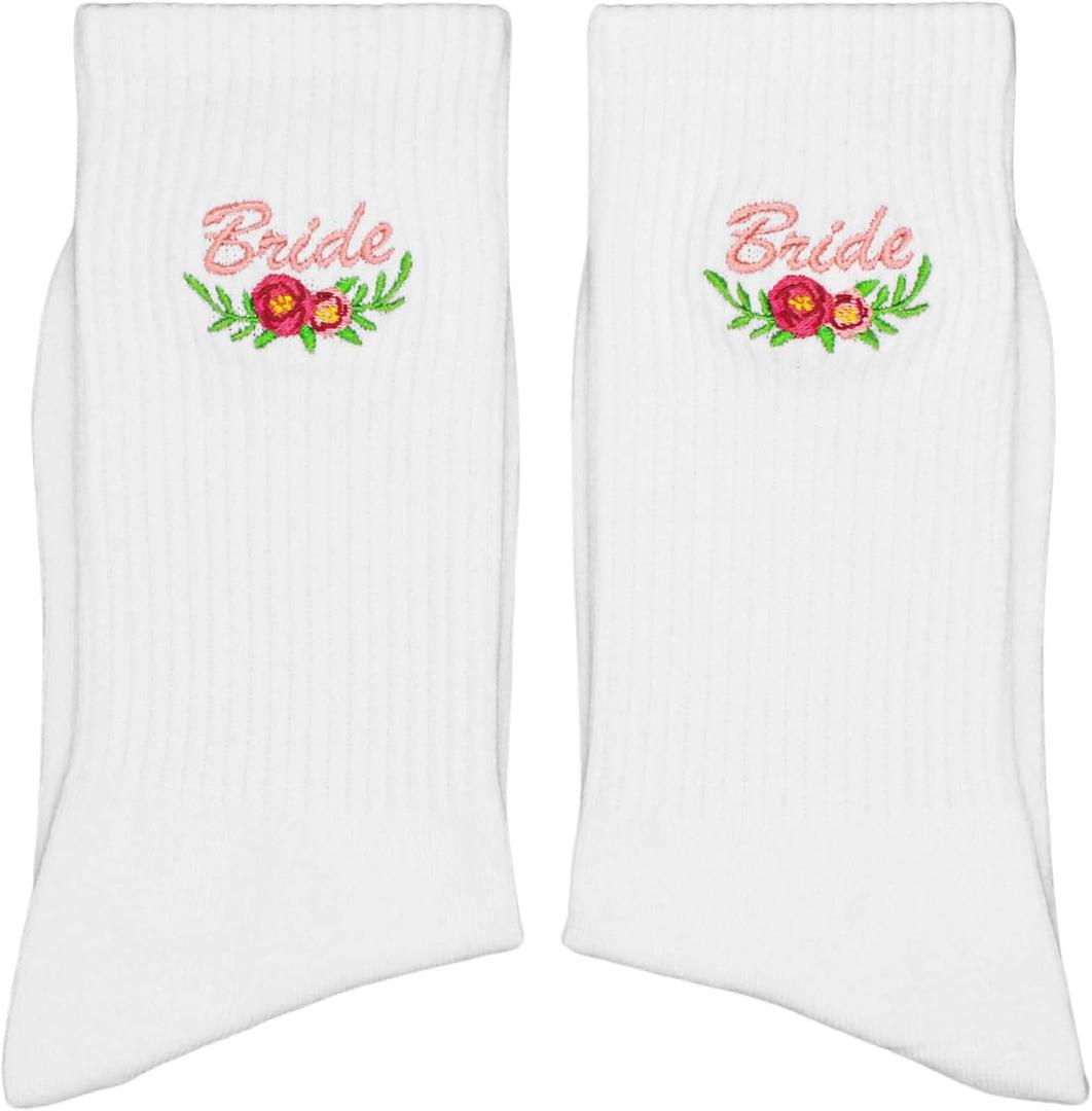 Embroidered Flower Bride Socks - Wedding Day 'BRIDE' Crew Socks - Funny Bridal Party Favors for Bachelorette Gift - Cute Bride-to-Be Essentials. (205)