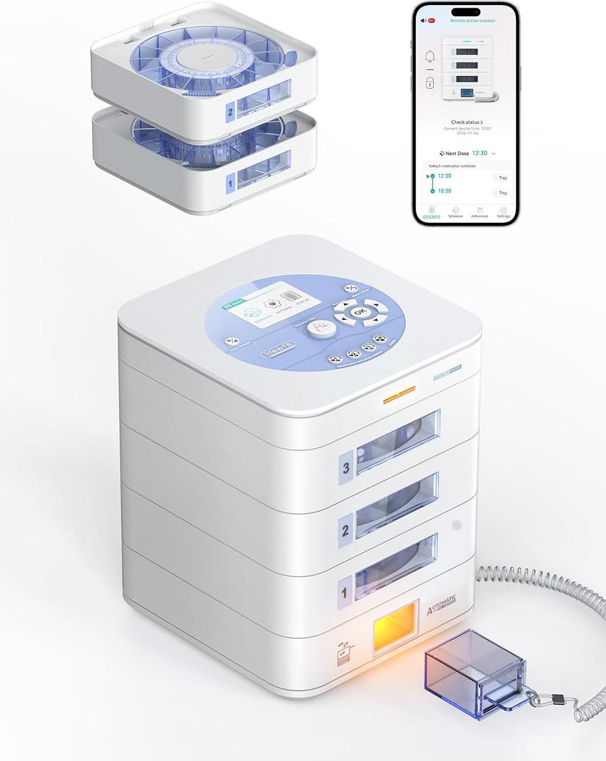 42-Day(1X) Automatic Pill Dispenser (Expandable Tray) App & On-Device Setup by Family, LCD Display, Digital Lock, Sound & Light Alerts Safe Medication Organizer for Dementia Seniors (3-Tray, White)