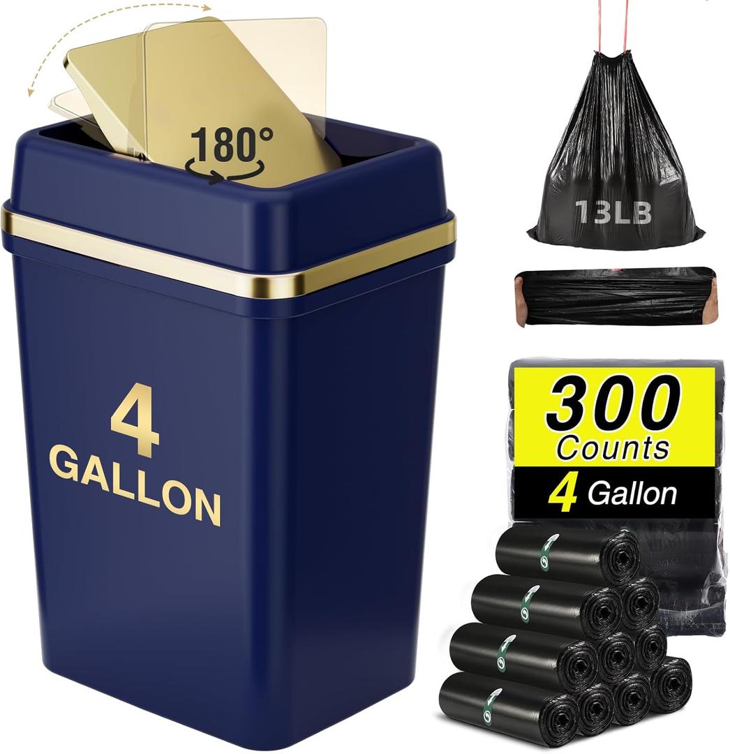 Bathroom Trash Can with Lid 4 Gallon Trash Can with Swing Lid Navy Blue Small Garbage Can Bathroom Garbage Can with 300 Counts Trash Bags for Kitchen Bedroom Office