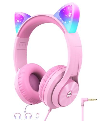 iClever Kids Headphones with Cat Ear Led Light Up, Safe Volume Limit, FunShare, Foldable, Over-Ear Headphones for Kids for School/iPad/Tablet/Travel, Meow Donut-Pink, Pack of 2