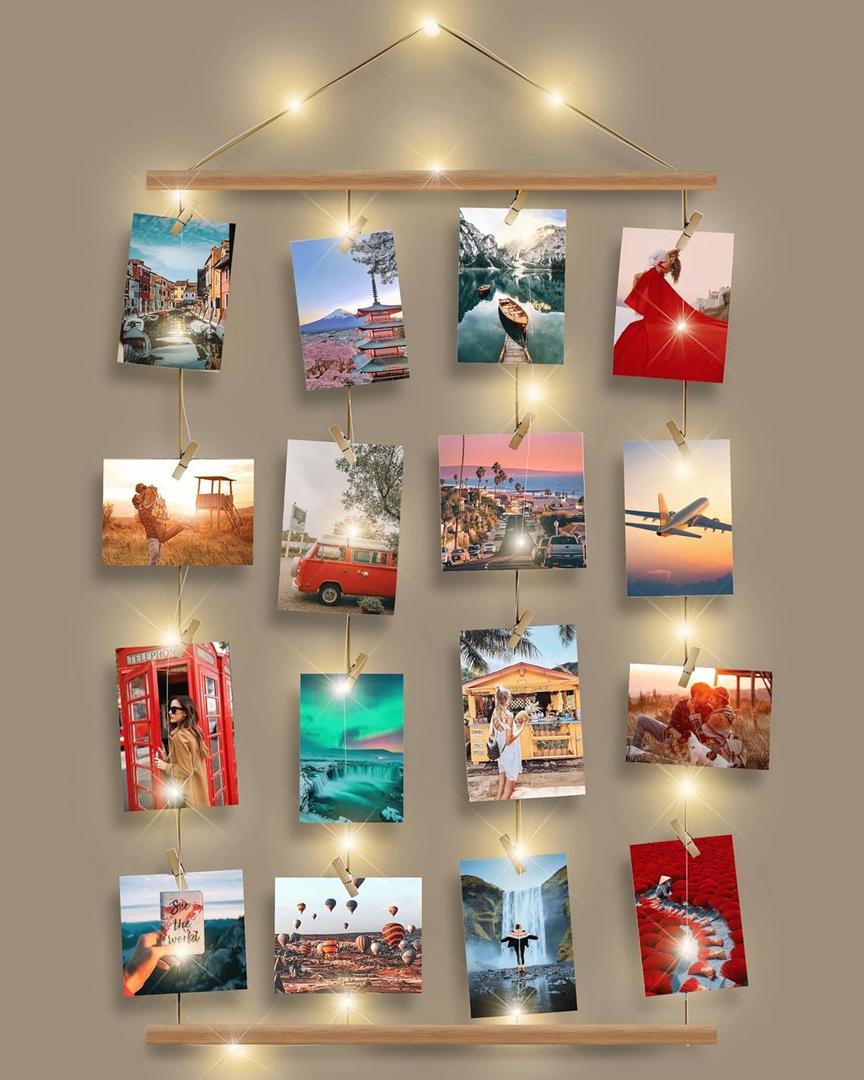 Picture Frames Collage Wall Decor, Picture Board for Photos Polariod Display with 30 Clips and Adjustable Strings, 15FT String Light, Artwork Hanging Multiple Pictures Hangers, 14.6"L X 27.6"W