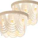 Wood Beaded Chandelier, LED Flush Mount Ceiling Light, Farmhouse Rustic Design, 2 Pack