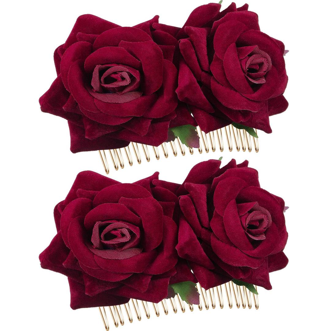 Bememo 2 Pack Women Rose Flower Hair Clip Rose Side Combs Flamenco Flowers Day of the Dead Costumes Mexican Hair Accessories for Wedding Party Decor Gift for Women Mom Grandma(Dark Red)