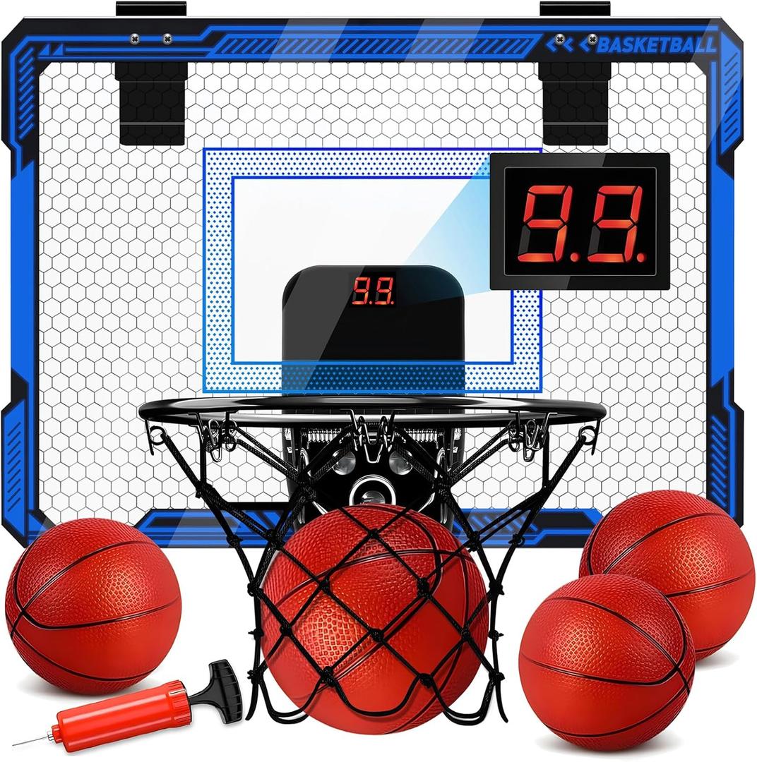 Indoor Basketball Hoop for Kids - Over The Door Mini Basketball Hoop with LED Light & Scoreboard, Includes 3 Balls & Air Pump - Basketball Toys Gifts for 4-12 Year Old Boys Girls (Blue)