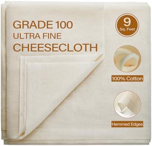eFond Cheesecloth, 9 Square Feet Grade 100 Cheese Cloths for Straining Reusable, Washable, Lint Free and Ultra Fine Mesh Unbleached Pure Cotton Cheese Cloths for Cooking with Hemmed 2 Edges (1 Yard), 5Pack