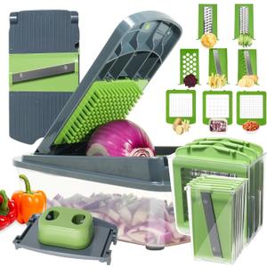 8-in-1 Vegetable Chopper with Container - Veggie Onion Salad Chopper, Mandoline Slicer, French Fry Cutter, Kitchen Gadgets with Cleaning Tools (Gray)