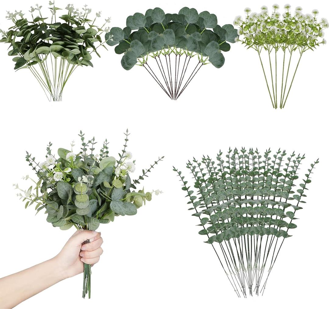 Coreland Artificial Eucalyptus Leaves Stems 120 Pcs 4 Kinds Mixed Fake Silver Dollar Eucalyptus Leaves Stem with Dandelion Bulk Faux Leaf for DIY Bouquets Floral Arrangement Wedding Home Decor