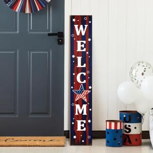 4th of July Patriotic Porch Sign 47.2",USA 250th Anniversary Wooden Welcome Sign, Red Blue Vertical Front Porch Decor for Outdoor Patio, Garden Entryway