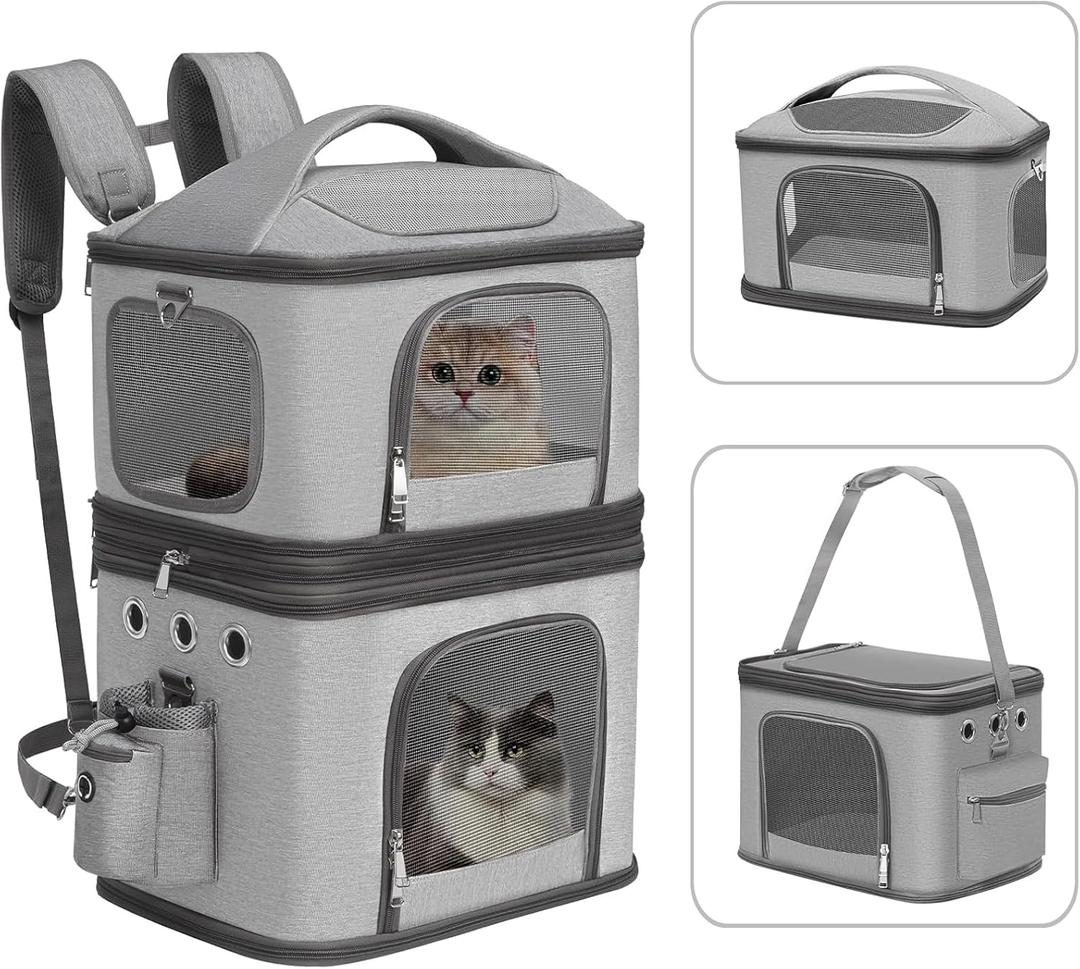 HOVONO Detachable Double Pet Carrier Backpack for Cats and Small Dogs, Cat Travel Carrier for 2 Cats, Perfect for Traveling/Hiking/Camping, Grey