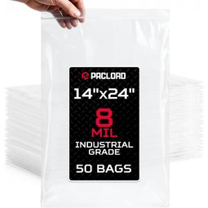 14" x 24" Heavy-Duty Large Zip Plastic Bags, 50 Count | 8 Mil Extra Thick Clear Reclosable Poly Bags, Waterproof Resealable for Clothes, Hardware, Tools