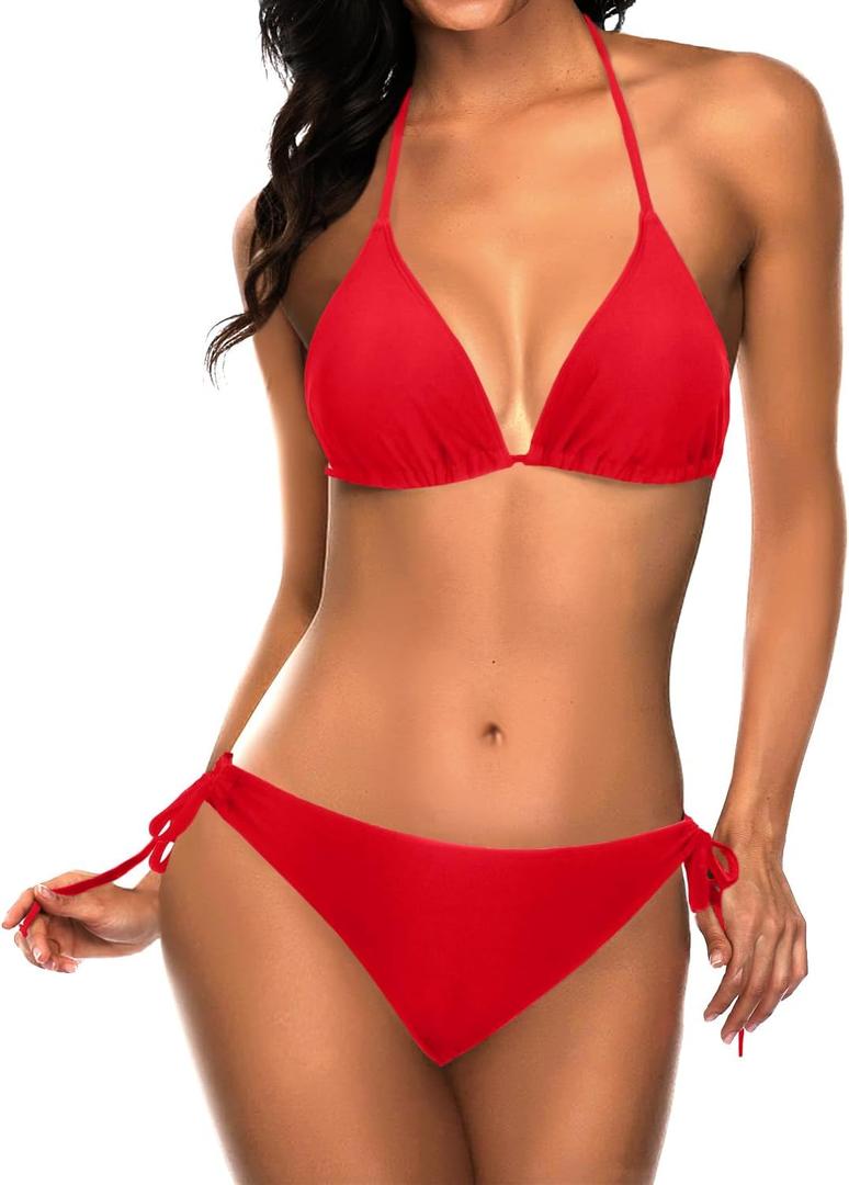 Tempt Me Women Triangle Bikini Sets Halter Two Piece Sexy Swimsuit String Tie Side Bathing Suit (Red, Size M)