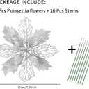 Wironlst 16 Pcs Glitter Poinsettia Flowers Artificial - Christmas White Poinsettia Decorations Tree Flowers Ornaments for Xmas/Holiday/Seasonal/Wedding Decor(Silver)
