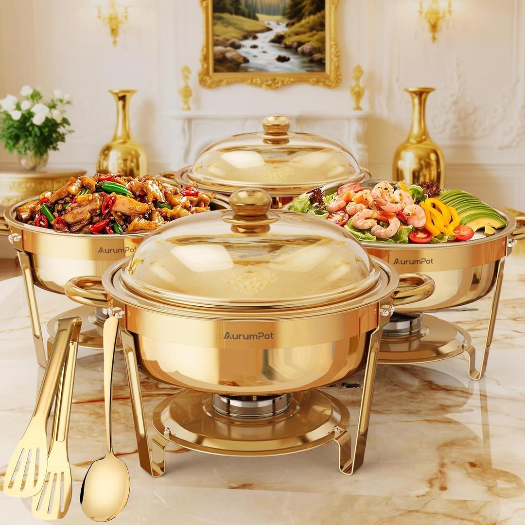 All Gold Chafing Dishes for Buffet 4 Pack, 6QT, Round Stainless Steel