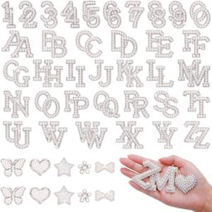 82Pcs Self Adhesive Pearl Letter Patches (A-Z),Number Patch 0-9,Glitter Pearl Letter Patches Rhinestone Applique for DIY Clothes, Bags, Shoes White