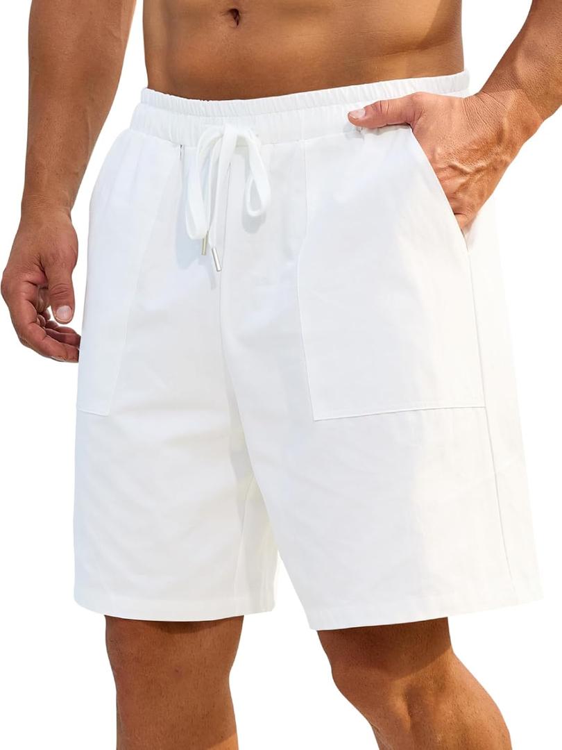 Mens Shorts Casual for Summer Beach Cotton Drawstring Stretch Twill Chino Golf Shorts Elastic Waist with Pockets (Small, 2-white)