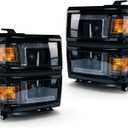 Headlight Assembly Compatible with 2014-2015 Chevy Silverado 1500 Headlights Headlamps Left+Right 14-15 Lights (GLOSS BLACK FRAME+BLACK INNER+AMBER SIDE)
