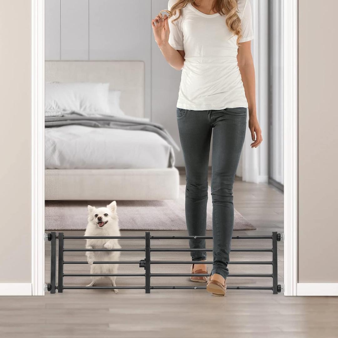 Indoor Dog Gate with Door, 26-41" Extra Wide Full Metal Pet Gate Short Dog Gate for Stairs, Pressure Mount 10'' Tall Small Puppy Low Gate Easy Step Over for Doorways