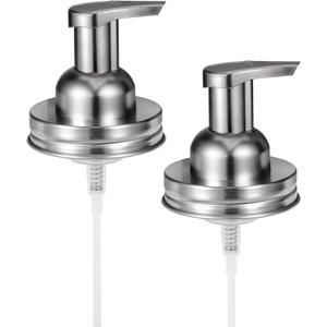 Amolliar Mason Jar Foaming Soap Dispenser Pump Lids, Rustproof Stainless Steel Lid Plastic Pump for Regular Mouth Mason Jar, Kitchen Bathroom Farmhouse Decor, Waterproof Stickers, Brushed Nickel 2Pack