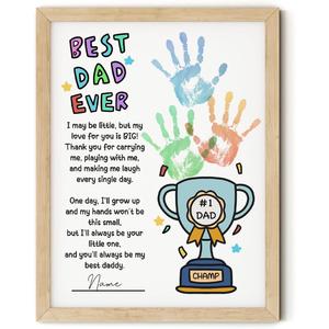 TwoDays Father's Day Handprint Gift from Kids - Best Dad Ever Trophy Art Craft Kit, DIY Keepsake for Dad Grandpa from Daughter Son, Great Present for Father's Day Birthday (12" X 16", Wood Frame)