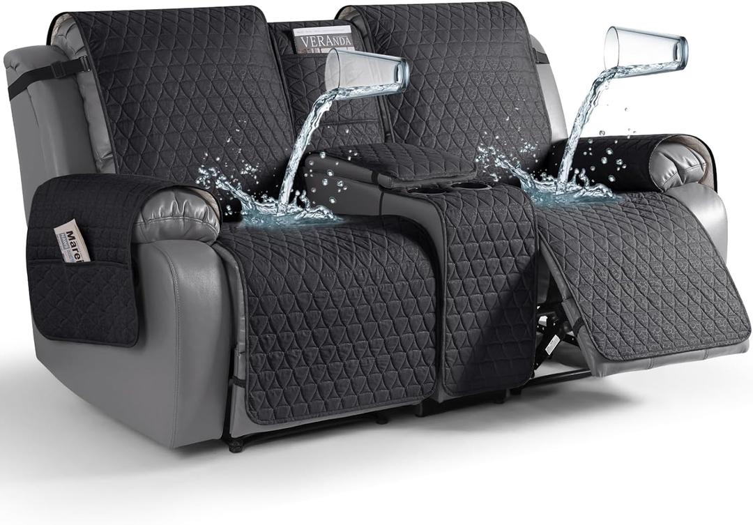 TAOCOCO 100% Waterproof Loveseat Recliner Couch Covers with Console,Double Reclining Couch Cover Non-Slip Sofa Slipcovers Washable,Furniture Protector Covers for Dog,Pets(2 Seater,Black)