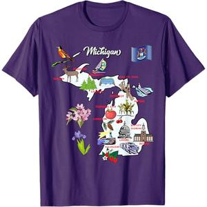 Illustrated Map of Michigan USA Cities Symbols T-Shirt, XL
